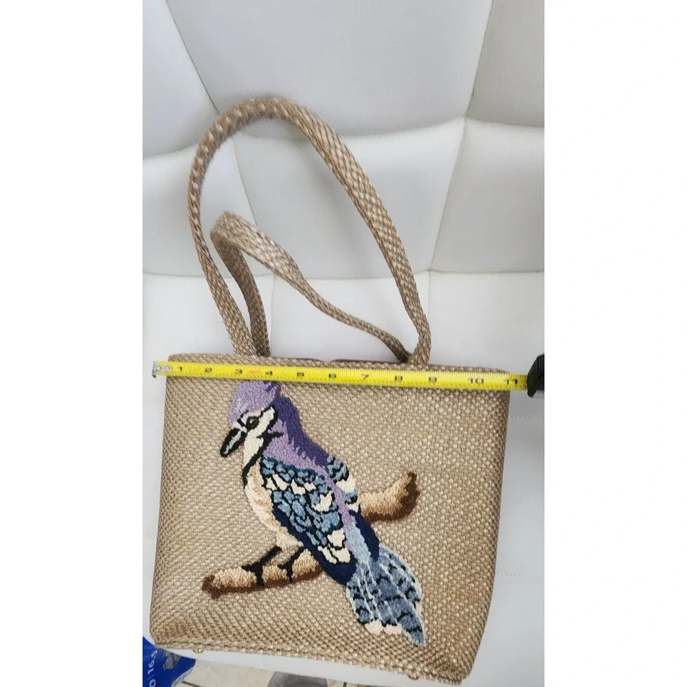 Vintage JR‎ Florida USA Woven Straw Blue Jay Bird Needlepoint Tote Handbag Tan